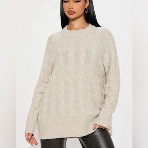 Fashion Nova Cable Knit Crewneck Sweater - Beige